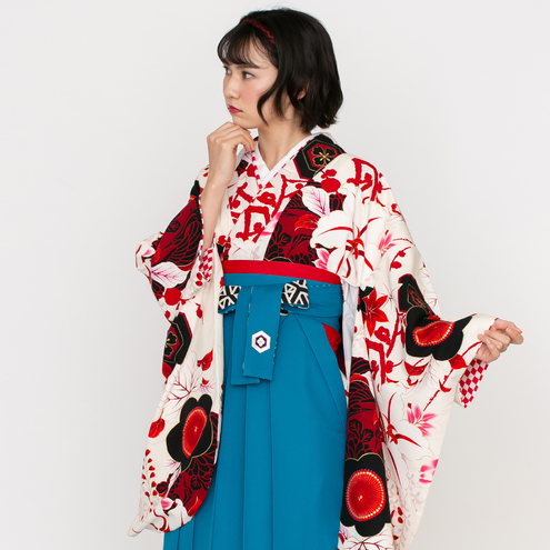 梅に百合/白【JAPAN STYLE】（袴：椿に丸紋刺繍／ターコイズ）