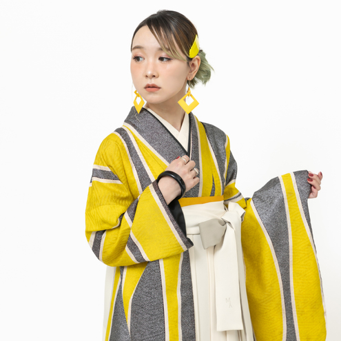 パラレル立涌/黄色（袴：アコーディオン/クリーム×ベージュ）