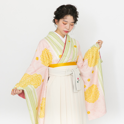 菊・疋田/薄ピンク【九重】（袴：椿刺繍／クリーム）