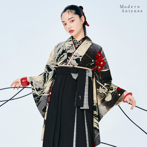 機械のブーケ/モノトーン（袴：プリーツ切り返し/ダークネイビー×チェック）