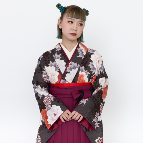 藤と牡丹/こげ茶【九重】（袴：藤牡丹　刺繍/エンジ）