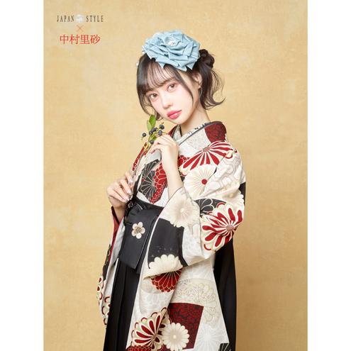 扇面と菊/ベージュ【JAPAN STYLE×中村里砂】（袴：梅丸紋刺繍/黒)