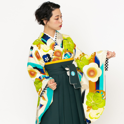 梅に矢絣/青【JAPAN STYLE×中村里砂】（袴：椿丸紋刺繍／緑）