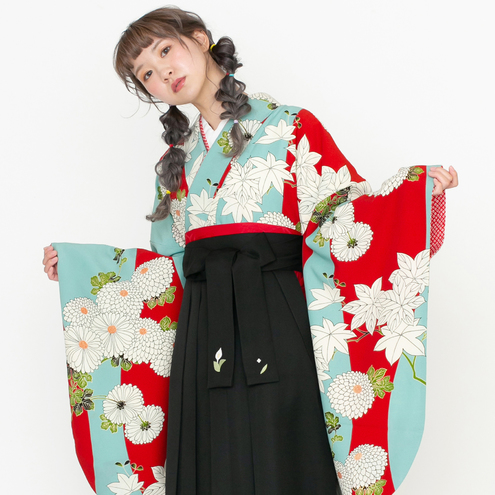 紅葉に菊/水色×赤【九重】（袴：2way袴／黒）