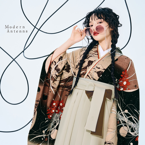 機械のブーケ/ベージュブラウン（袴：プリーツ切り返し/グレージュ×チェック）