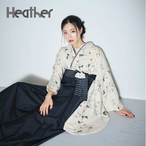 レース牡丹/オフ【Heather】（袴：デニム切替え/紺)