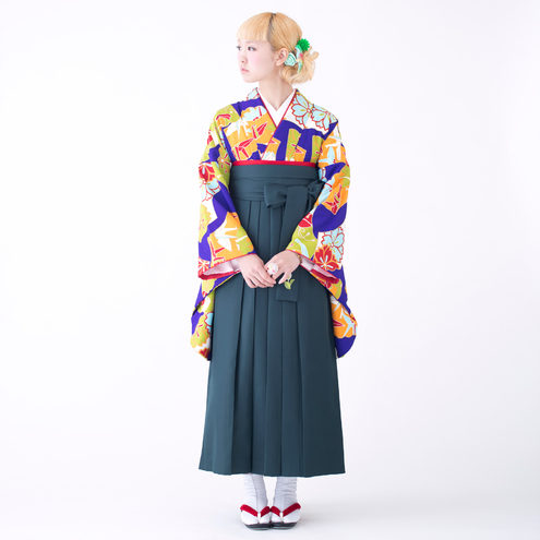 扇に折り鶴/紺（袴：2way袴／緑）