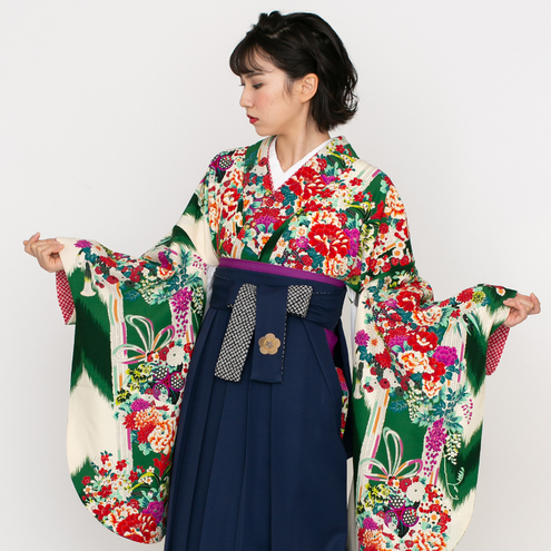 ブーケ・矢絣/緑【九重】（袴：橘刺繍／紺）