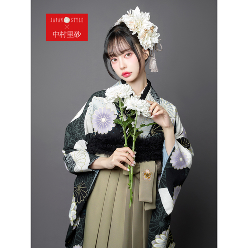 扇面と菊/濃紺【JAPAN STYLE×中村里砂】（袴：梅丸紋刺繍/ベージュ)