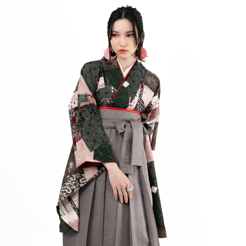 タンポポ/ダークグリーン（袴：ツイード/茶）