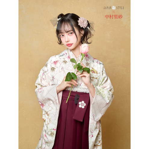 牡丹に八重桜/ピンク【JAPAN STYLE×中村里砂】（袴：梅丸紋刺繍/エンジ)
