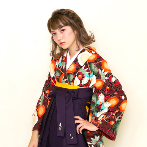 松竹梅に蝶/赤×黒【九重】（袴：2way袴／紫）