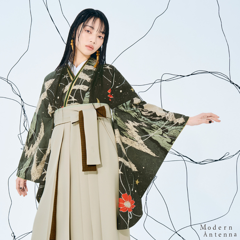 夜空と花とケーブル/カーキ（袴：プリーツ切り返し/グレージュ×チェック）